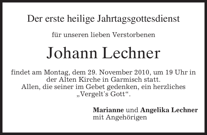  Traueranzeige für Johann Lechner vom 26.11.2010 aus MERKUR & TZ