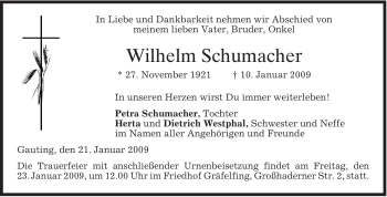 Traueranzeige von Wilhelm Schumacher von MERKUR & TZ