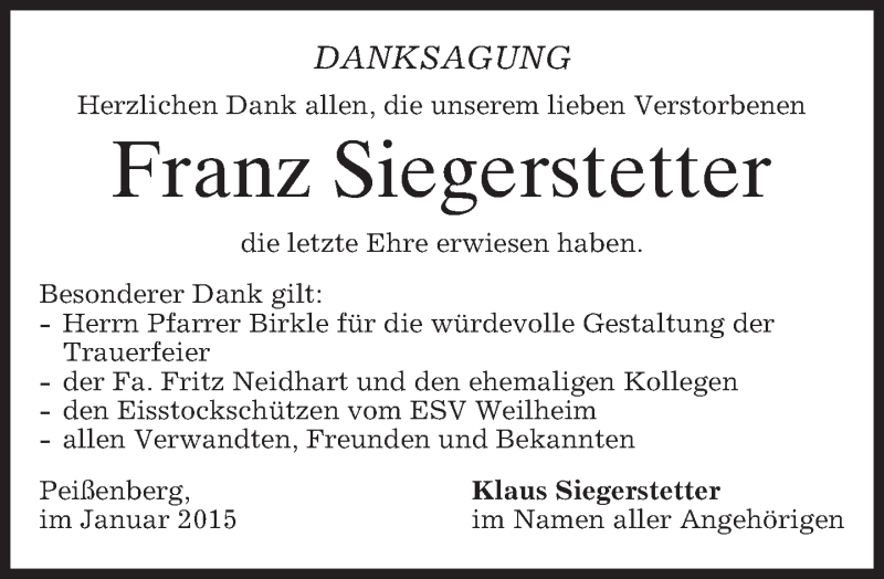  Traueranzeige für Franz Siegerstetter vom 24.01.2015 aus merkurtz
