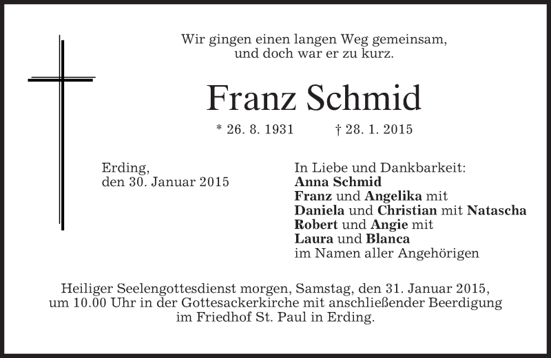  Traueranzeige für Franz Schmid vom 30.01.2015 aus merkurtz