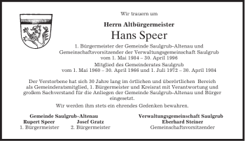 Traueranzeige von Hans Speer von MERKUR & TZ