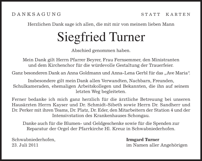  Traueranzeige für Siegfried Turner vom 23.07.2011 aus MERKUR & TZ