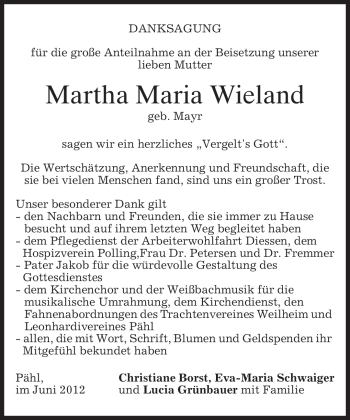 Traueranzeige von Martha Maria Wieland von MERKUR & TZ