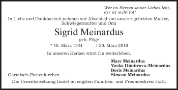 Traueranzeige von Sigrid Meinardus von MERKUR & TZ