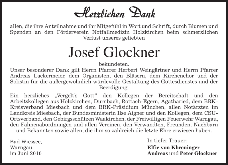  Traueranzeige für Josef Glockner vom 19.06.2010 aus MERKUR & TZ