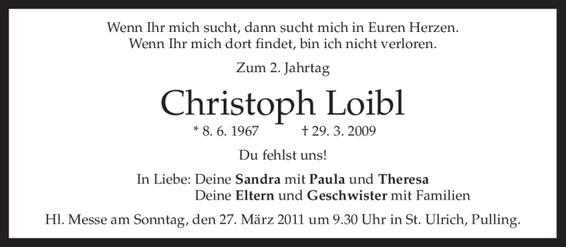  Traueranzeige für Christoph Loibl vom 26.03.2011 aus MERKUR & TZ