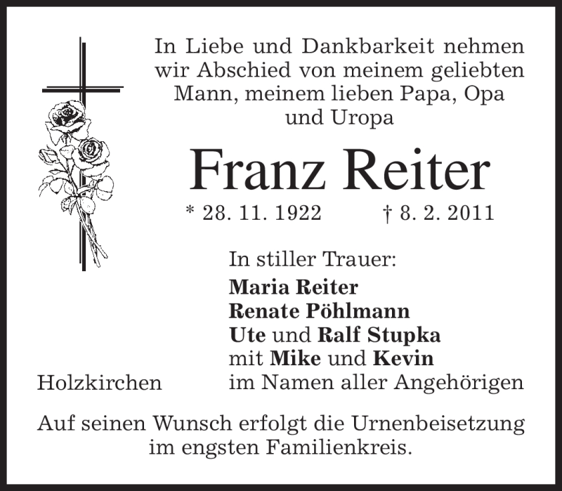  Traueranzeige für Franz Reiter vom 12.02.2011 aus MERKUR & TZ