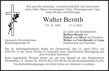 Traueranzeige von Walter Bernth von MERKUR & TZ