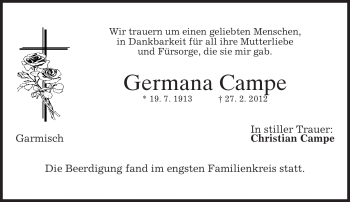 Traueranzeige von Germana Campe von MERKUR & TZ