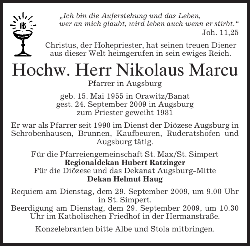  Traueranzeige für Nikolaus Marcu vom 26.09.2009 aus MERKUR & TZ