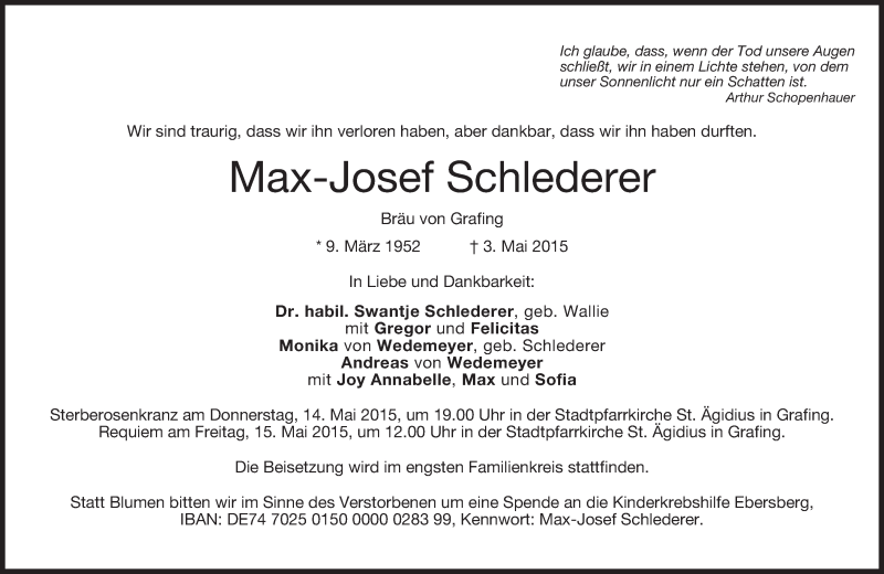  Traueranzeige für Max-Josef Schlederer vom 05.05.2015 aus merkurtz