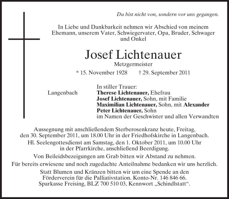  Traueranzeige für Josef Lichtenauer vom 30.09.2011 aus MERKUR & TZ