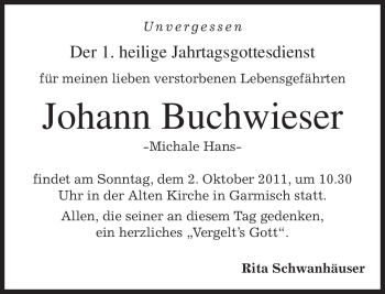 Traueranzeige von Johann Buchwieser von MERKUR & TZ