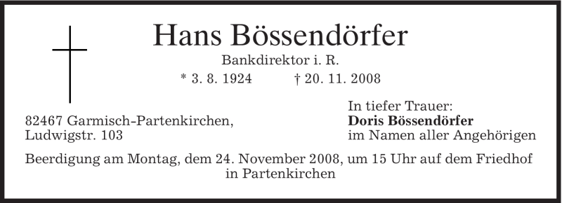  Traueranzeige für Hans Bössendörfer vom 22.11.2008 aus MERKUR & TZ
