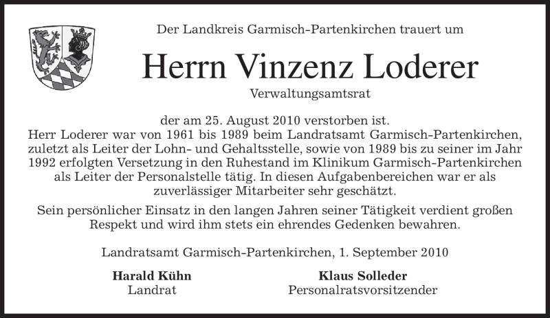  Traueranzeige für Vinzenz Loderer vom 04.09.2010 aus MERKUR & TZ