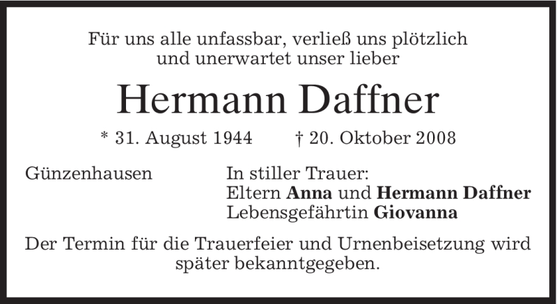  Traueranzeige für Hermann Daffner vom 23.10.2008 aus MERKUR & TZ