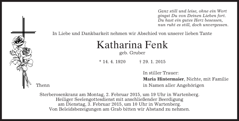  Traueranzeige für Katharina Fenk vom 31.01.2015 aus merkurtz