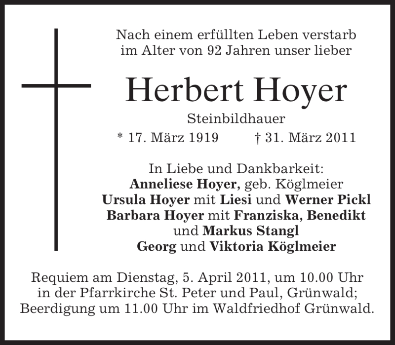 Traueranzeigen Von Herbert Hoyer | Trauer.merkur.de