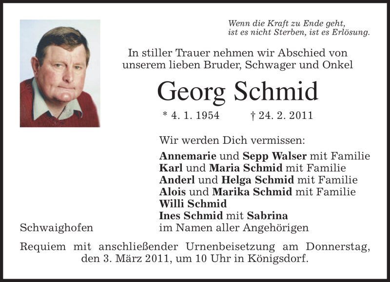  Traueranzeige für Georg Schmid vom 01.03.2011 aus MERKUR & TZ