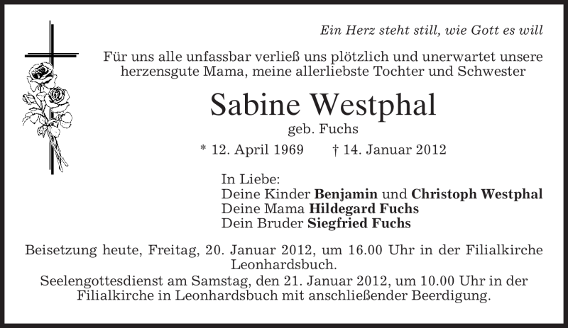  Traueranzeige für Sabine Westphal vom 20.01.2012 aus MERKUR & TZ