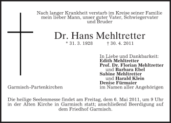 Traueranzeige von Hans Mehltretter von MERKUR & TZ
