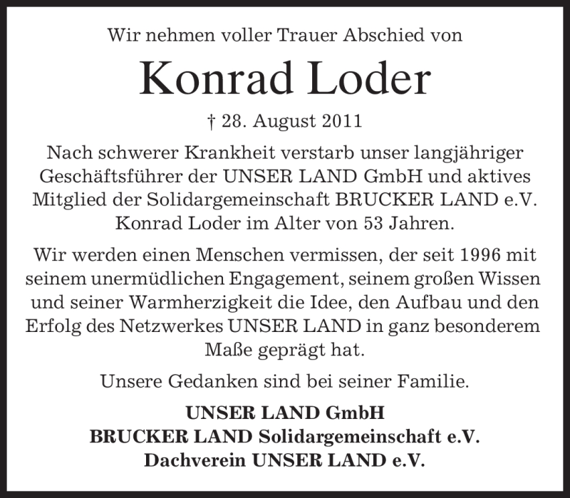  Traueranzeige für Konrad Loder vom 31.08.2011 aus MERKUR & TZ