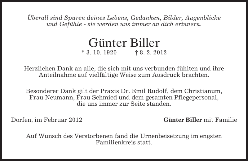 Traueranzeige für Günter Biller vom 01.03.2012 aus MERKUR & TZ