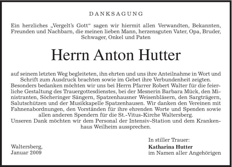  Traueranzeige für Anton Hutter vom 10.01.2009 aus MERKUR & TZ