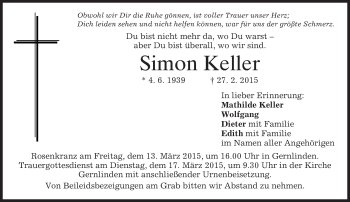 Traueranzeige von Simon Keller von merkurtz