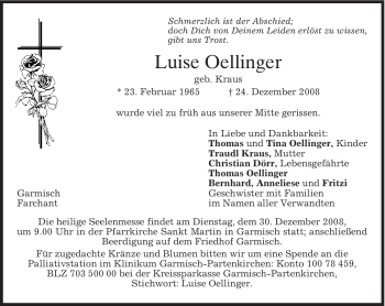 Traueranzeige von Luise Oellinger von MERKUR & TZ