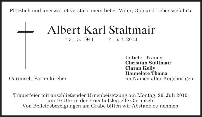  Traueranzeige für Albert Karl Staltmair vom 24.07.2010 aus MERKUR & TZ