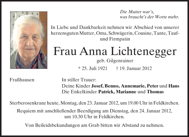  Traueranzeige für Anna Lichtenegger vom 23.01.2012 aus MERKUR & TZ