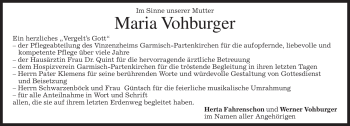 Traueranzeige von Maria Vohburger von MERKUR & TZ