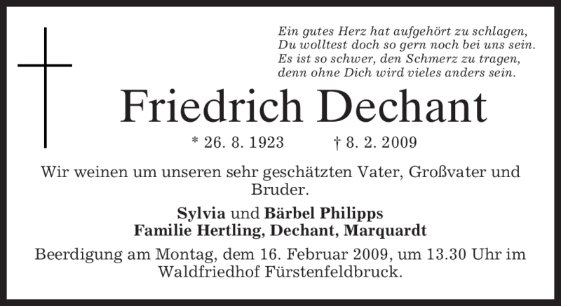 Traueranzeigen Von Friedrich Dechant | Trauer.merkur.de