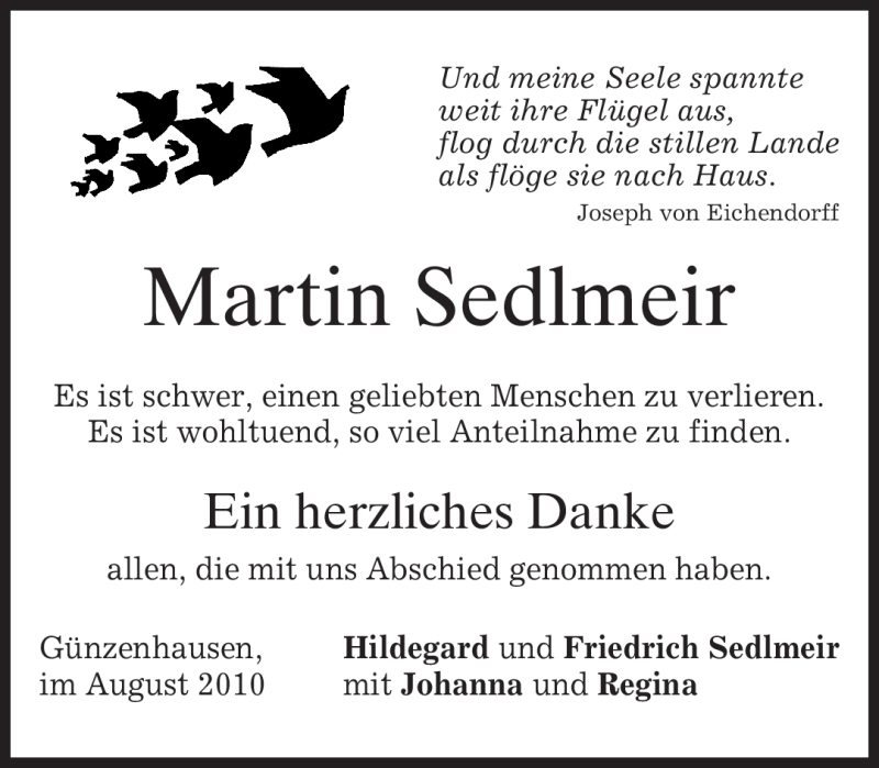  Traueranzeige für Martin Sedlmeir vom 18.08.2010 aus MERKUR & TZ