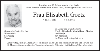 Traueranzeige von Elisabeth Goetz von merkurtz