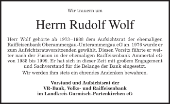 Traueranzeige von Rudolf Wolf von MERKUR & TZ