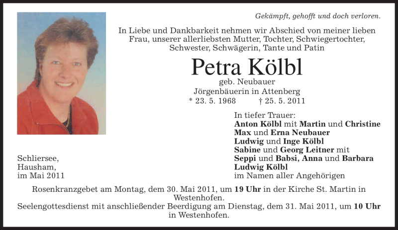  Traueranzeige für Petra Kölbl vom 28.05.2011 aus MERKUR & TZ