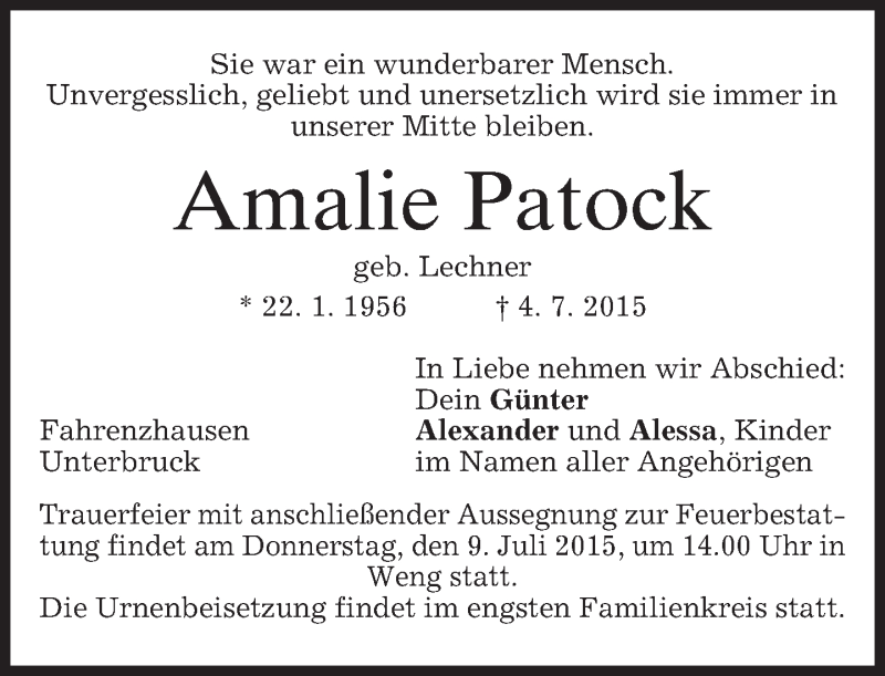  Traueranzeige für Amalie Patock vom 08.07.2015 aus merkurtz