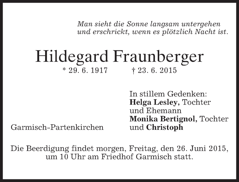  Traueranzeige für Hildegard Fraunberger vom 25.06.2015 aus merkurtz