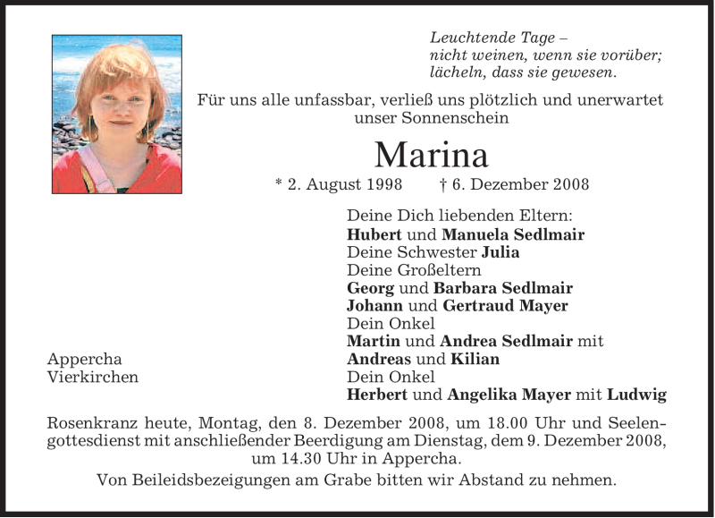  Traueranzeige für Marina Sedlmair vom 08.12.2008 aus MERKUR & TZ