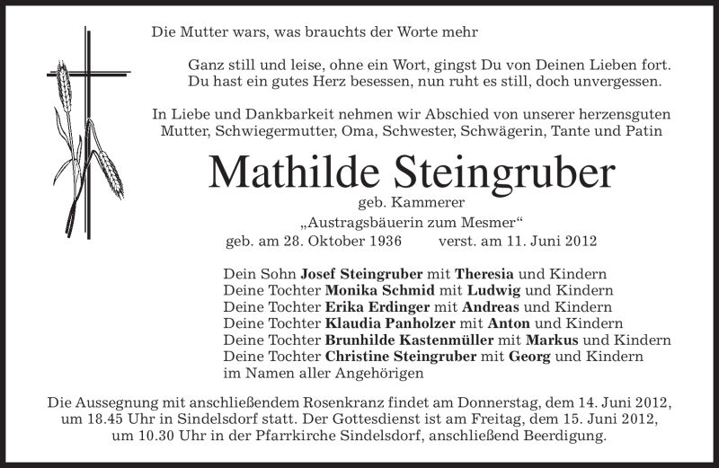  Traueranzeige für Mathilde Steingruber vom 14.06.2012 aus MERKUR & TZ