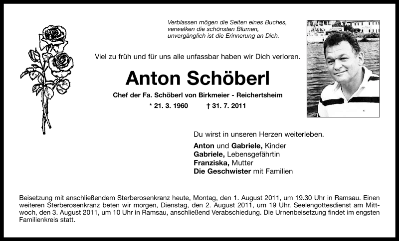  Traueranzeige für Anton Schöberl vom 01.08.2011 aus MERKUR & TZ