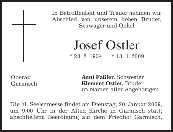 Traueranzeige von Josef Ostler von MERKUR & TZ