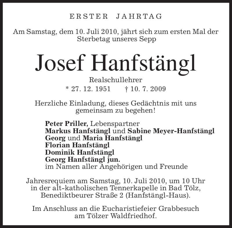  Traueranzeige für Josef Hanfstängl vom 08.07.2010 aus MERKUR & TZ
