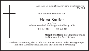 Traueranzeige von Horst Sattler von merkurtz