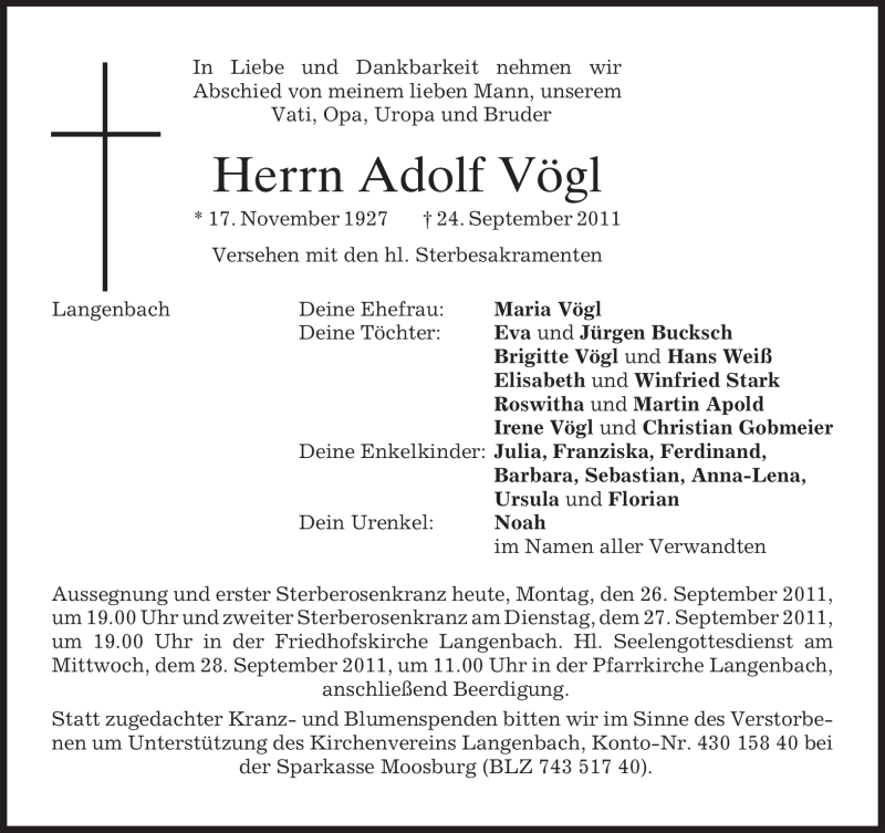  Traueranzeige für Adolf Vögl vom 26.09.2011 aus MERKUR & TZ