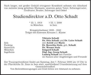 Traueranzeige von Otto Schadt von MERKUR & TZ
