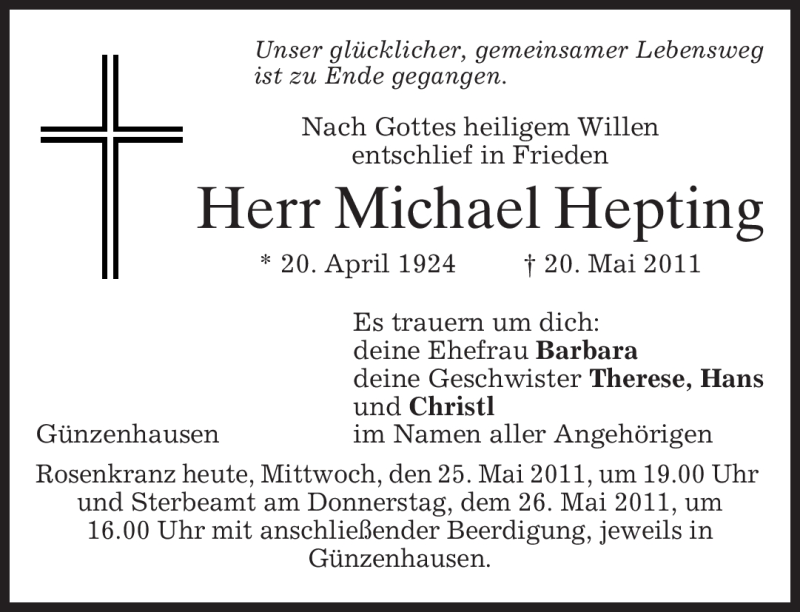  Traueranzeige für Michael Hepting vom 25.05.2011 aus MERKUR & TZ
