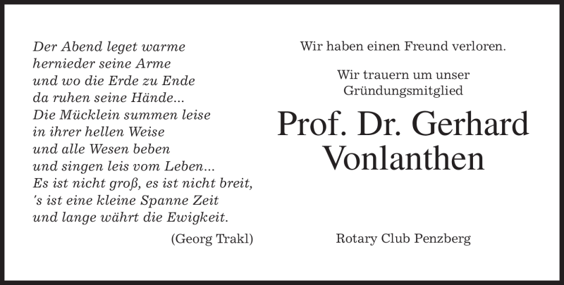  Traueranzeige für Gerhard Vonlanthen vom 29.09.2009 aus MERKUR & TZ